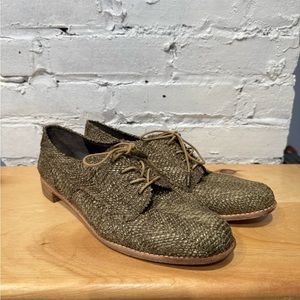 Stuart Weitzman Green Raffia Weave Summer‎ Lace Up Wood Heel Oxfords Sz 39/8.5